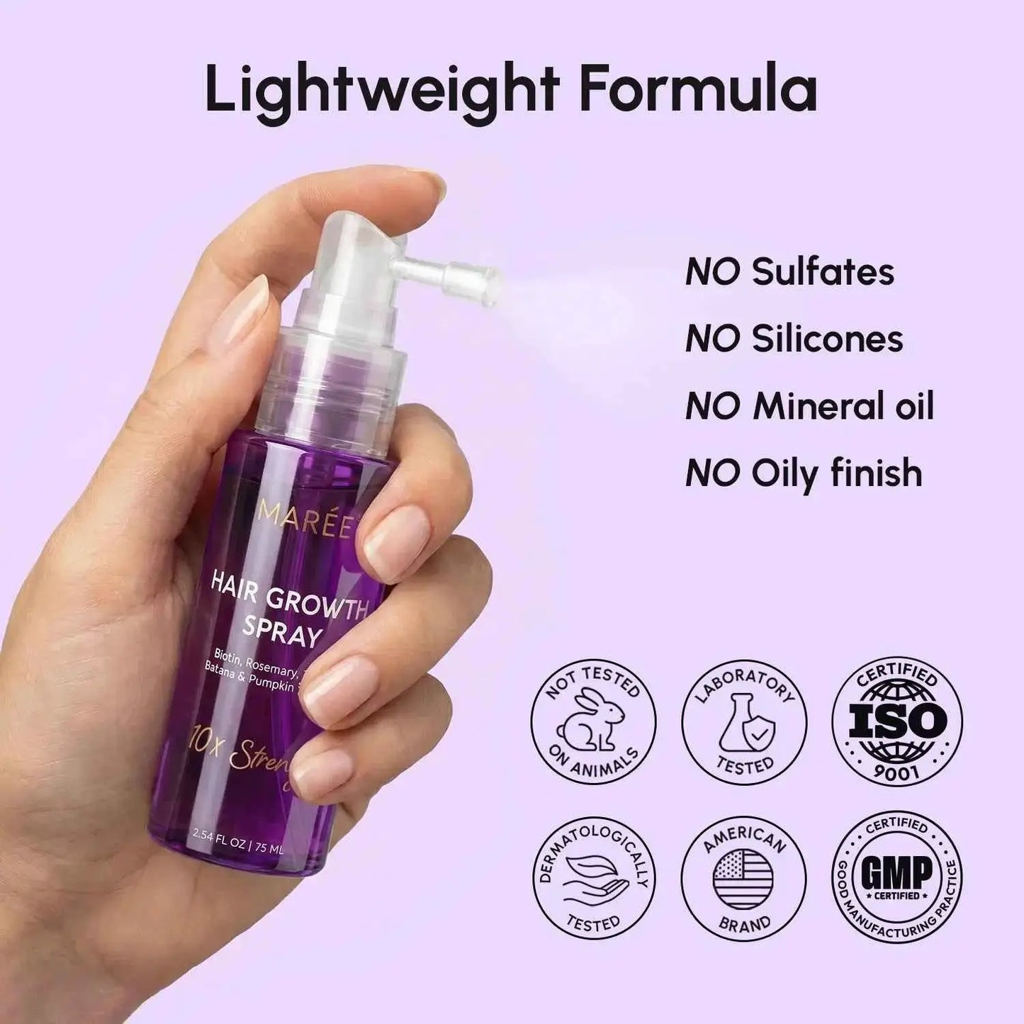 Maree Hair Growth Spray bottle in purple with clear pump nozzle; 4-in-1 lightweight formula.