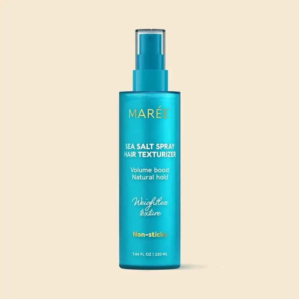 Mareé Keratin & Sea Salt Hair Texturizer in blue bottle; sea salt spray for beachy waves.
