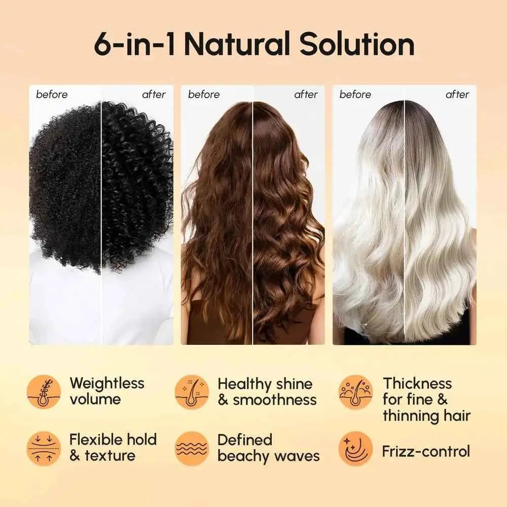 Maree Keratin & Sea Salt Hair Texturizer, 6-in-1; 3 before/after textures: black curls, brown waves, platinum blonde