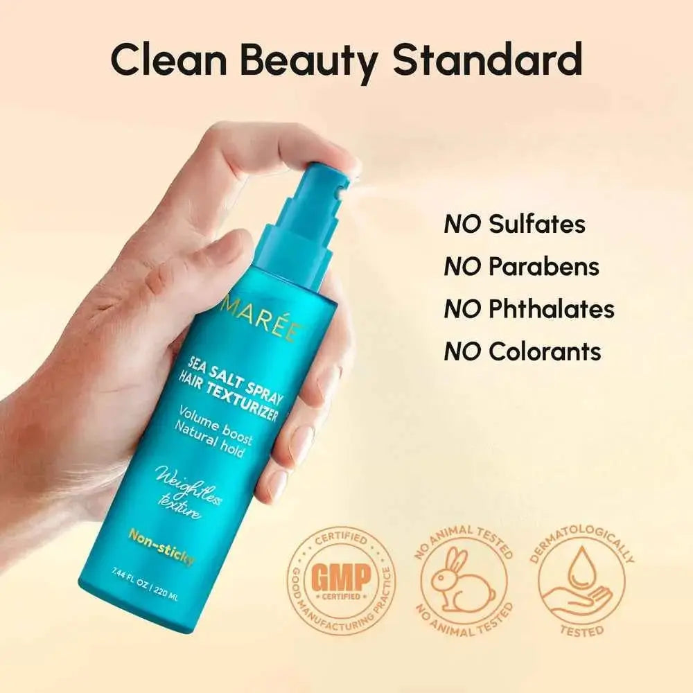 Mareé Sea Salt Spray Hair Texturizer bottle in turquoise with spray nozzle