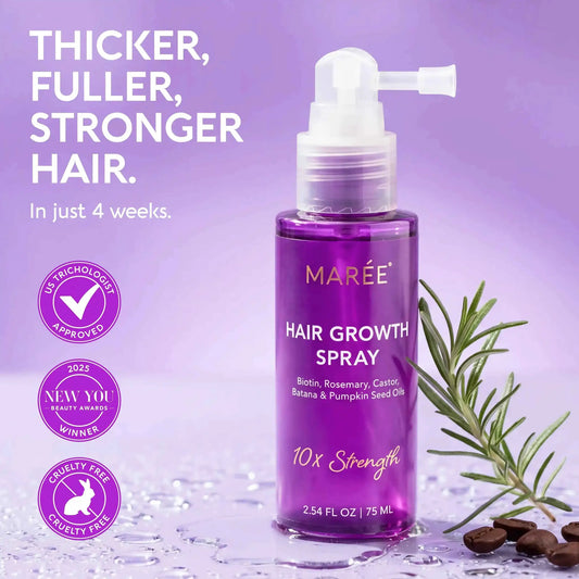Mareé 4-in-1 Hair Growth Spray bottle, purple with white spray nozzle, 75 ml, cruelty-free.