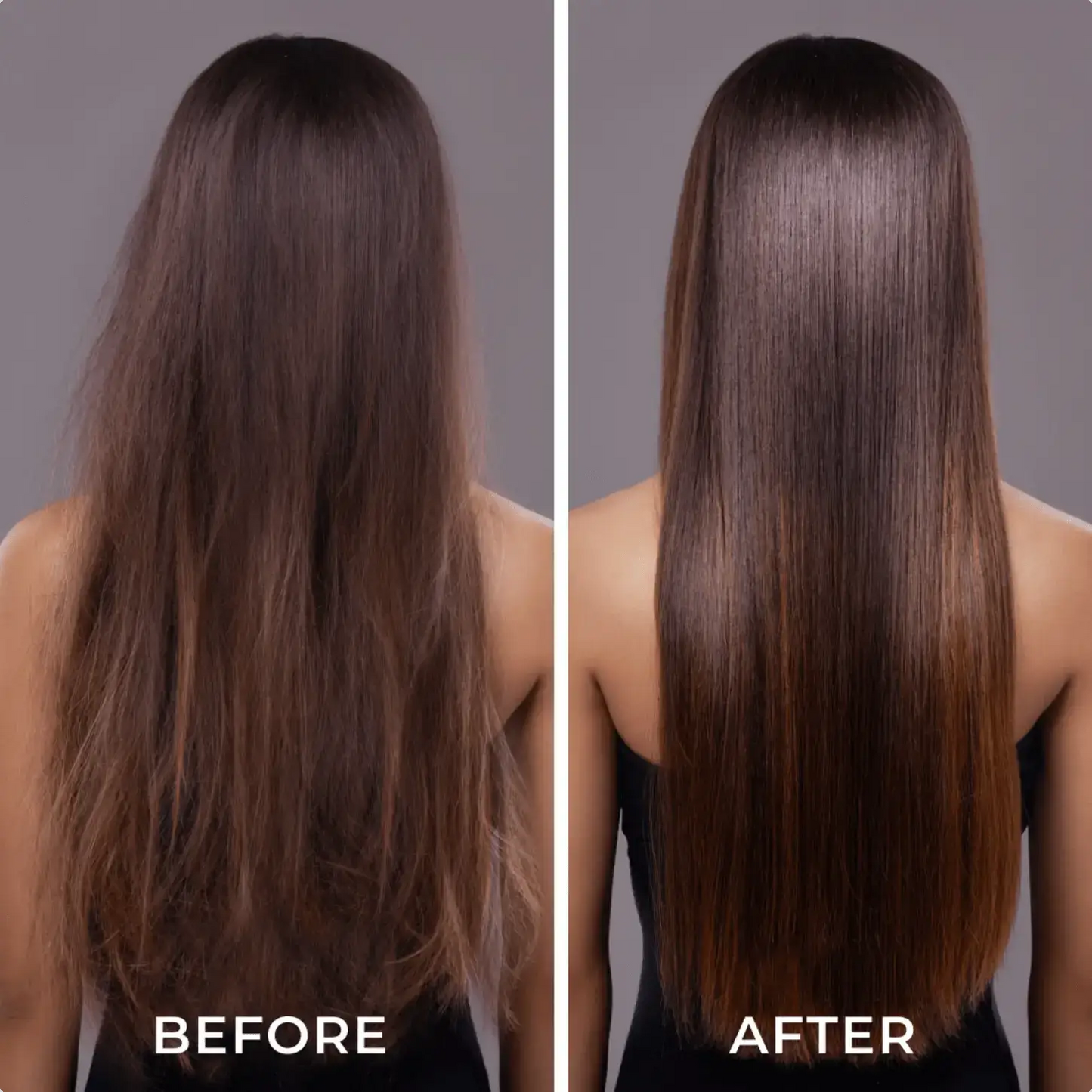 Keratin Hair Treatment by RadiantRoots; before and after glossy brown, straight hair.