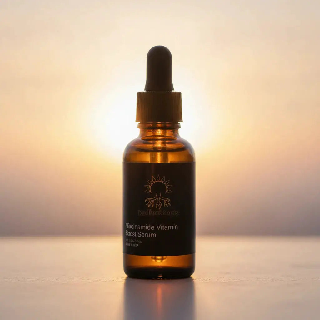 Niacinamide Vitamin Boost Serum by RadiantRoots in amber glass dropper bottle with black label.