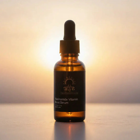 Niacinamide Vitamin Boost Serum by RadiantRoots in amber glass dropper bottle with black label.