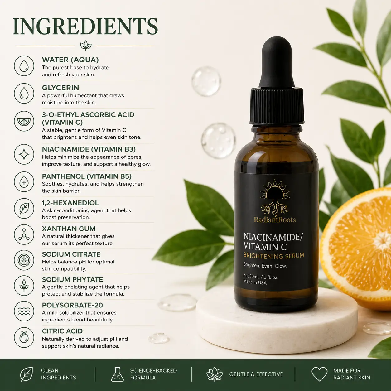 RadiantRoots Niacinamide/Vitamin C Brightening Serum bottle with dropper beside ingredients infographic