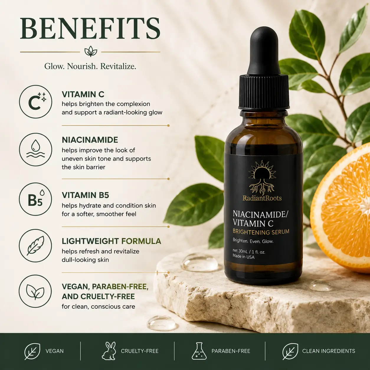 RadiantRoots Niacinamide/Vitamin C Brightening Serum in amber glass bottle with dropper