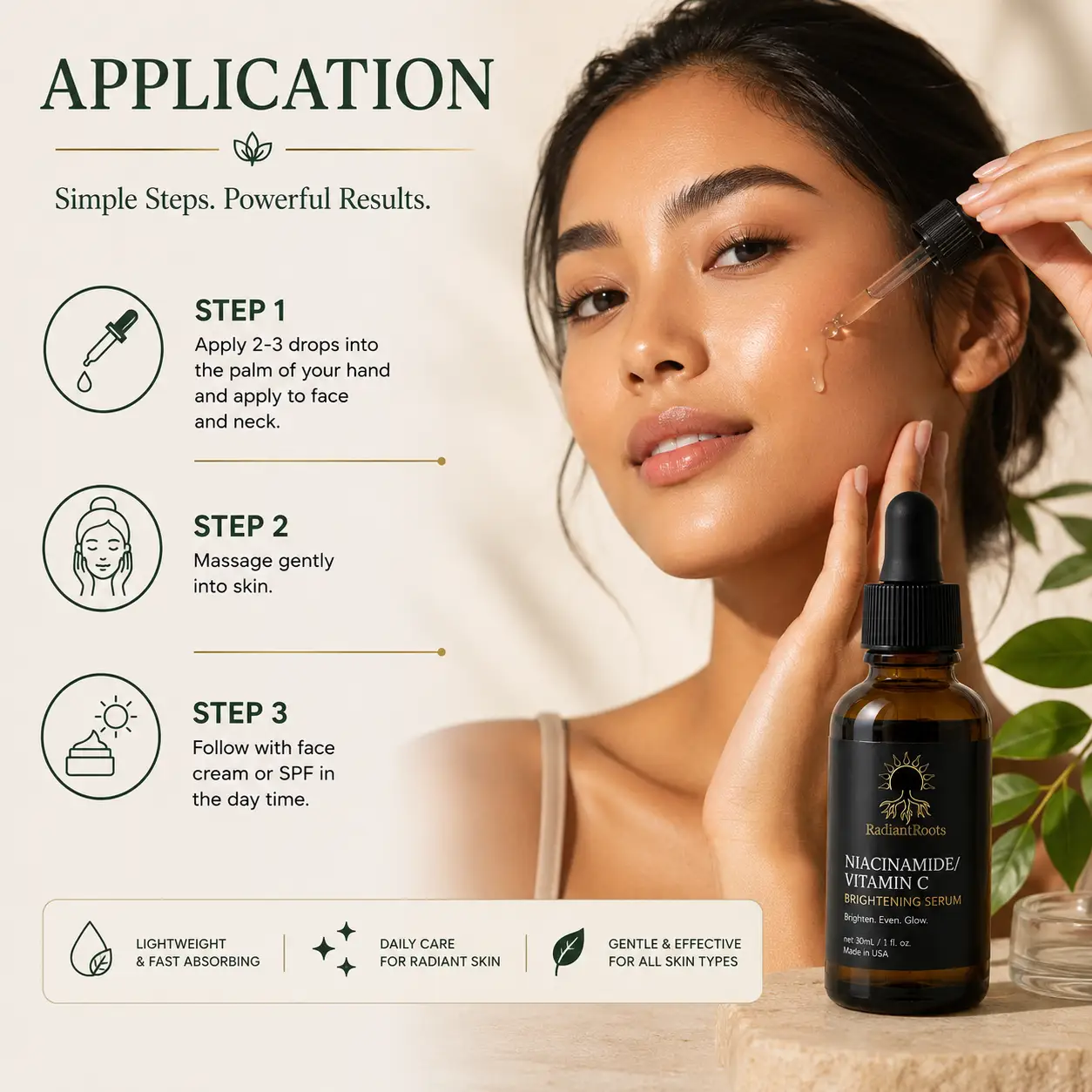 RadiantRoots Niacinamide Serum with Vitamin C in amber bottle for brightening hydration; dropper on model's face.