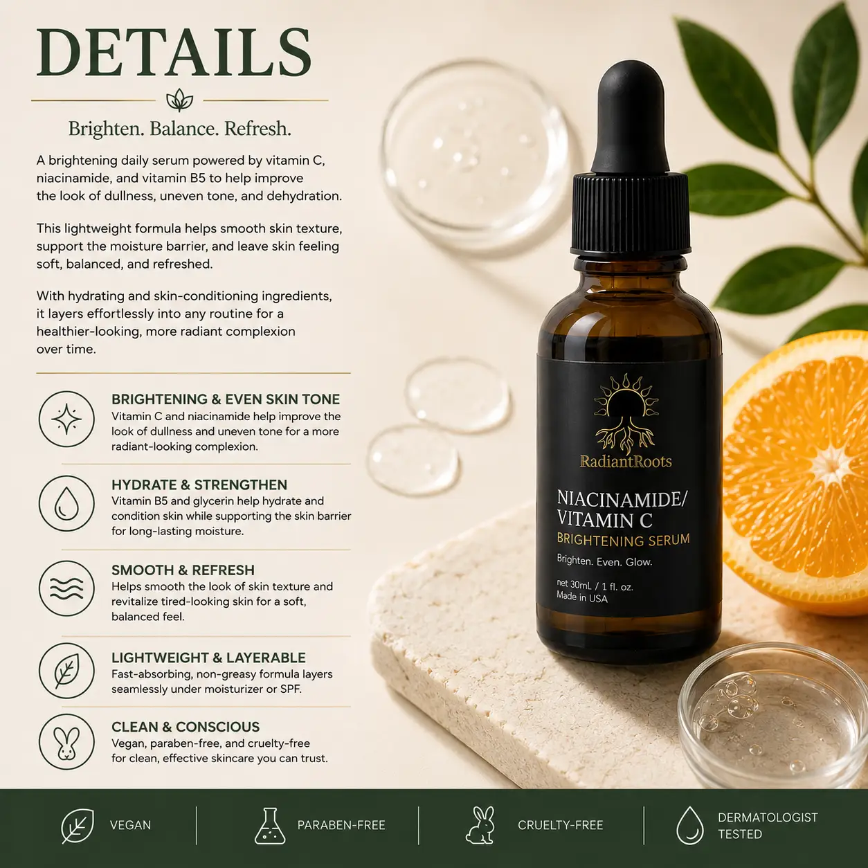 Niacinamide Vitamin C Brightening Serum by RadiantRoots in amber glass bottle with dropper