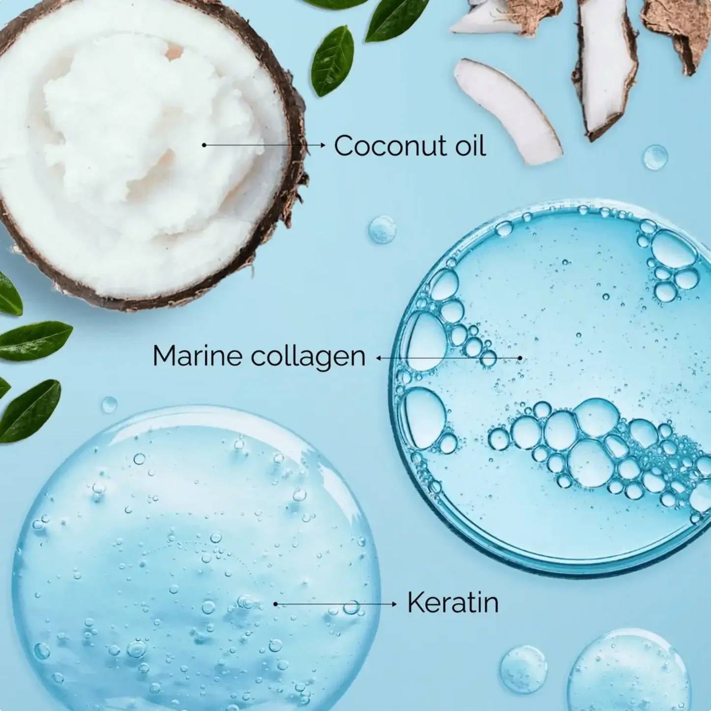 Keratin Hair Treatment on blue background with labeled coconut oil and marine collagen ingredients