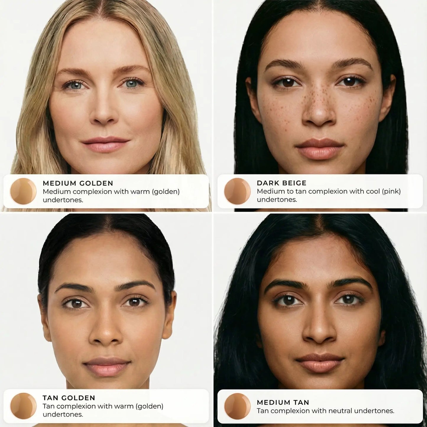 AMAZINGCONCEALER foundation: 4 shades shown on diverse models—Medium Golden, Dark Beige, Tan Golden, Medium Tan.