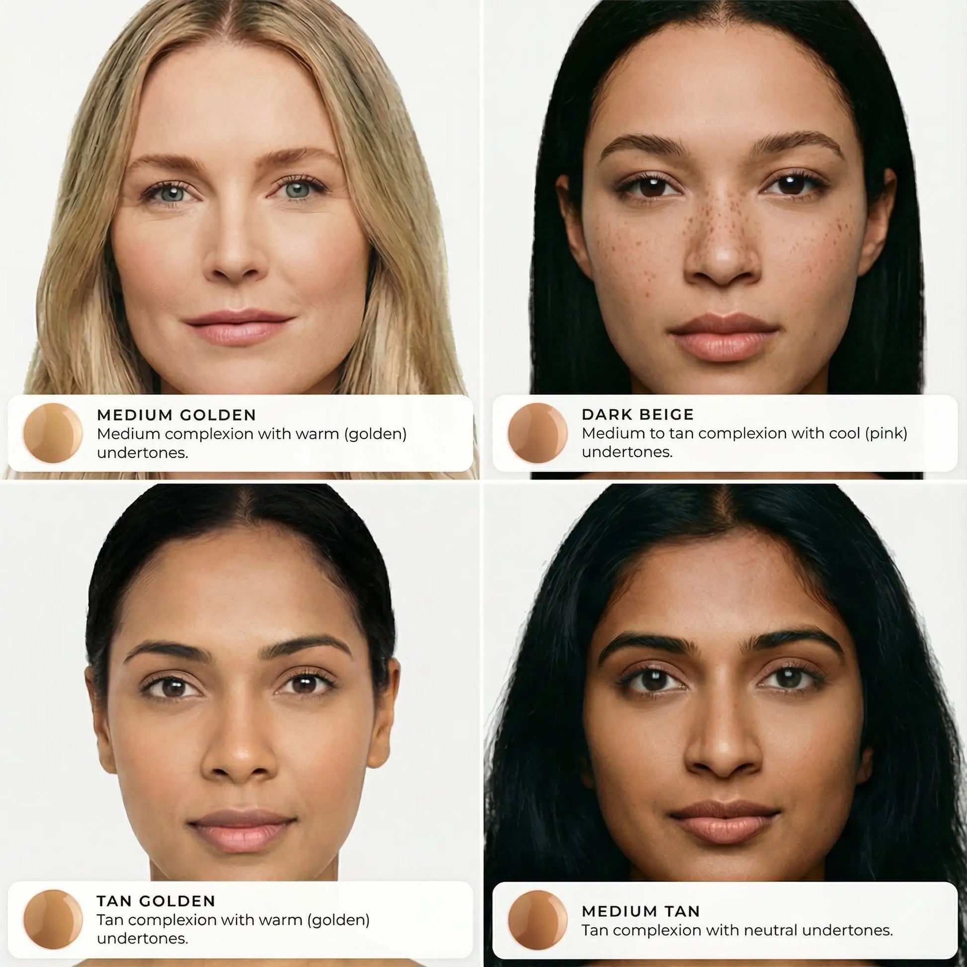 AMAZINGCONCEALER foundation: 4 shades shown on diverse models—Medium Golden, Dark Beige, Tan Golden, Medium Tan.