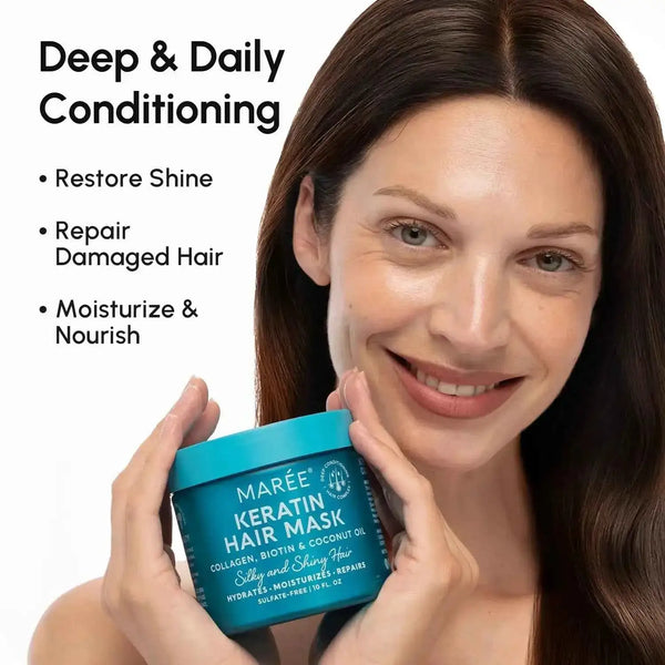 Keratin Hair Mask by RadiantRoots in teal jar for damaged hair.