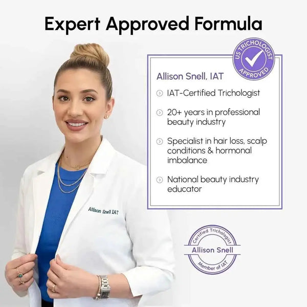 Purple Mask for Blonde Hair by RadiantRoots; hair care product shown with IAT-certified trichologist seals