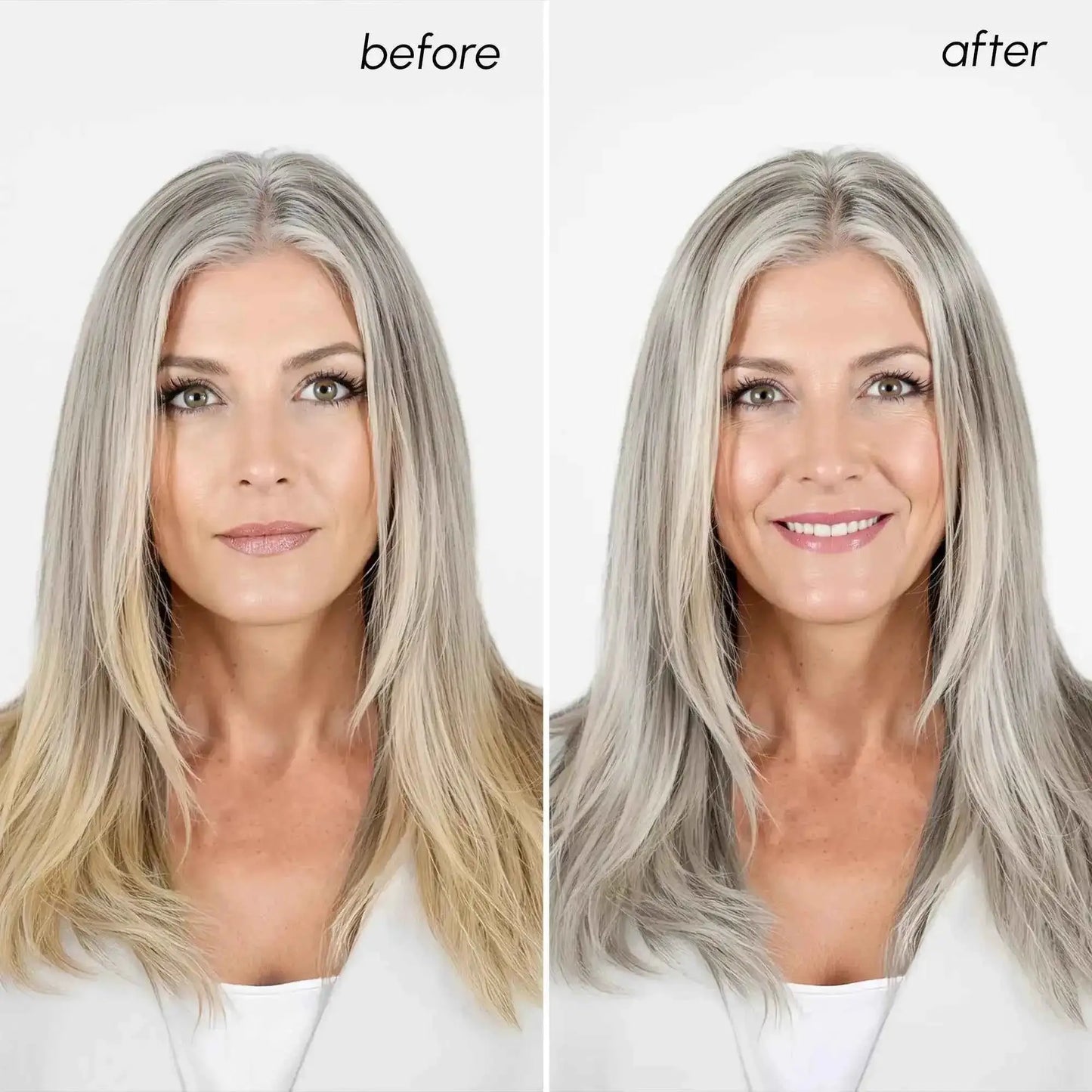 RadiantRoots Purple Mask for Blonde Hair two-panel before and after hair color transformation