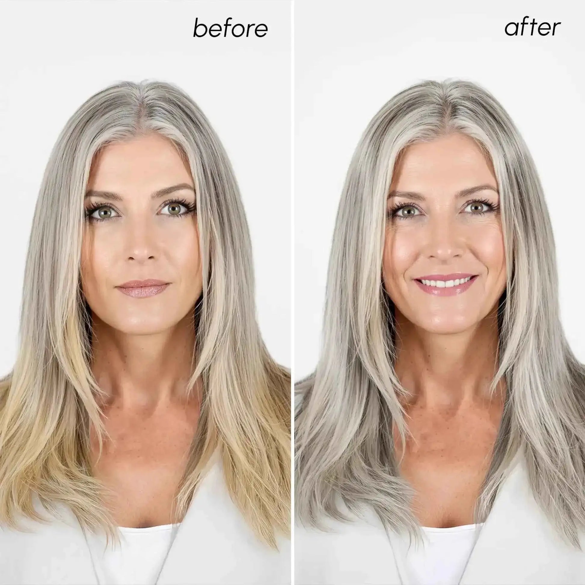 RadiantRoots Purple Mask for Blonde Hair two-panel before and after hair color transformation