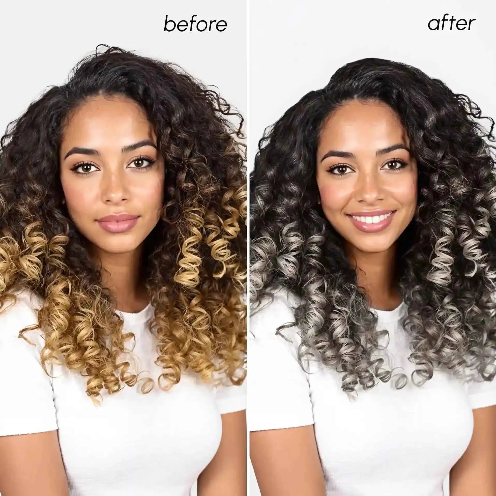 RadiantRoots Purple Mask for Blonde Hair hair color treatment; before/after collage showing silver-toned results.