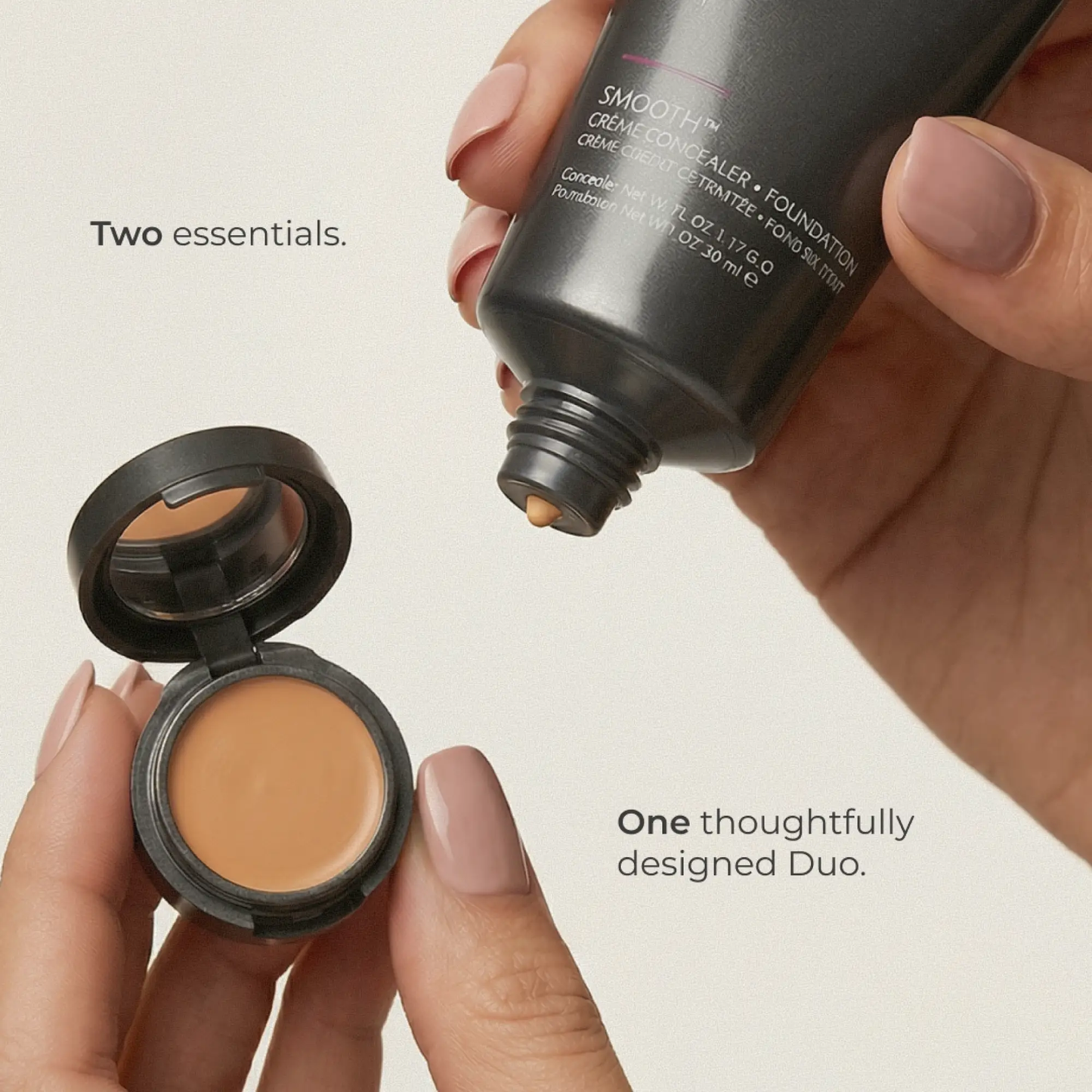 SMOOTH Creme Concealer & Foundation Duo by AmazingCosmetics; dark bottle with two beige foundations in open compacts