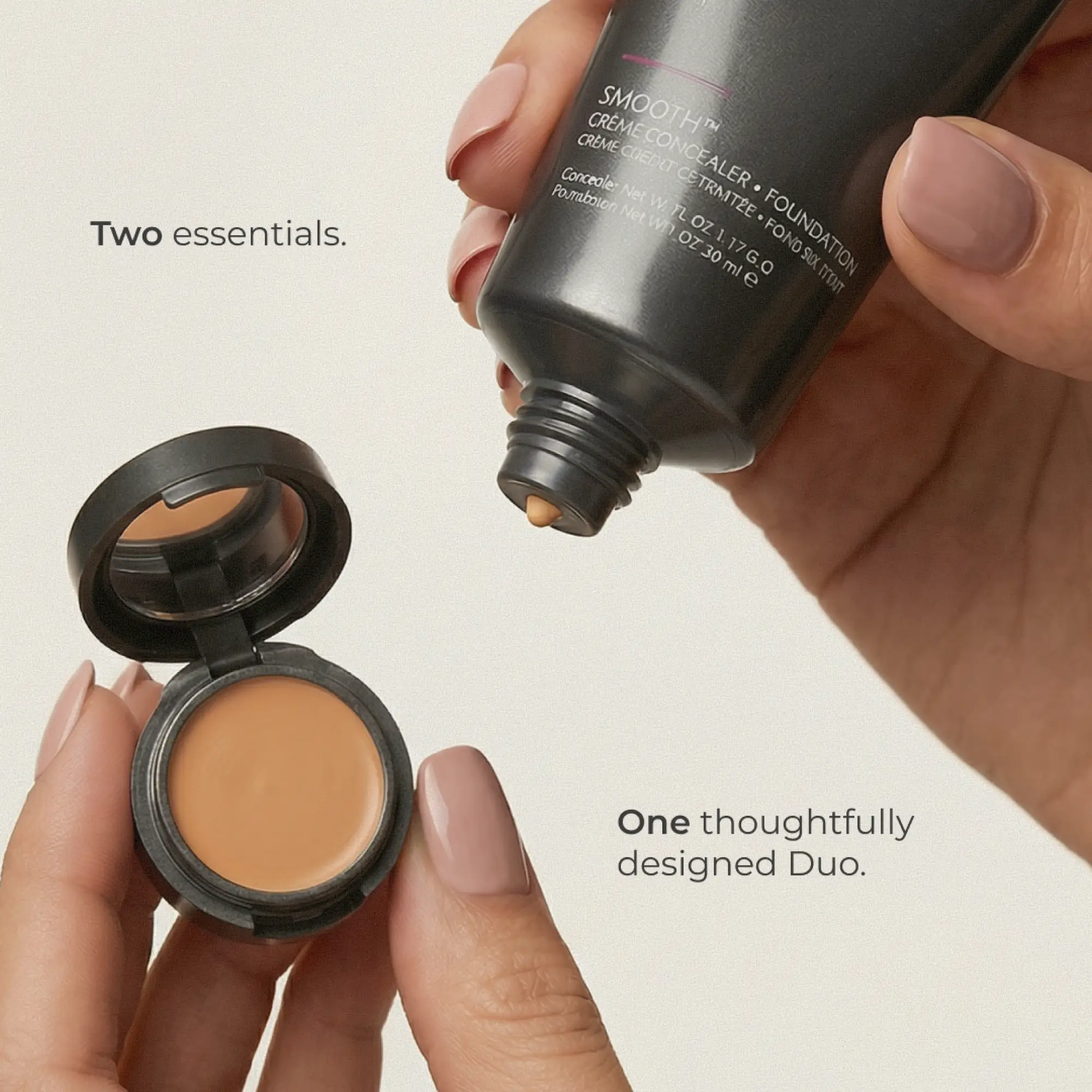 SMOOTH Creme Concealer & Foundation Duo by AmazingCosmetics; dark bottle with two beige foundations in open compacts