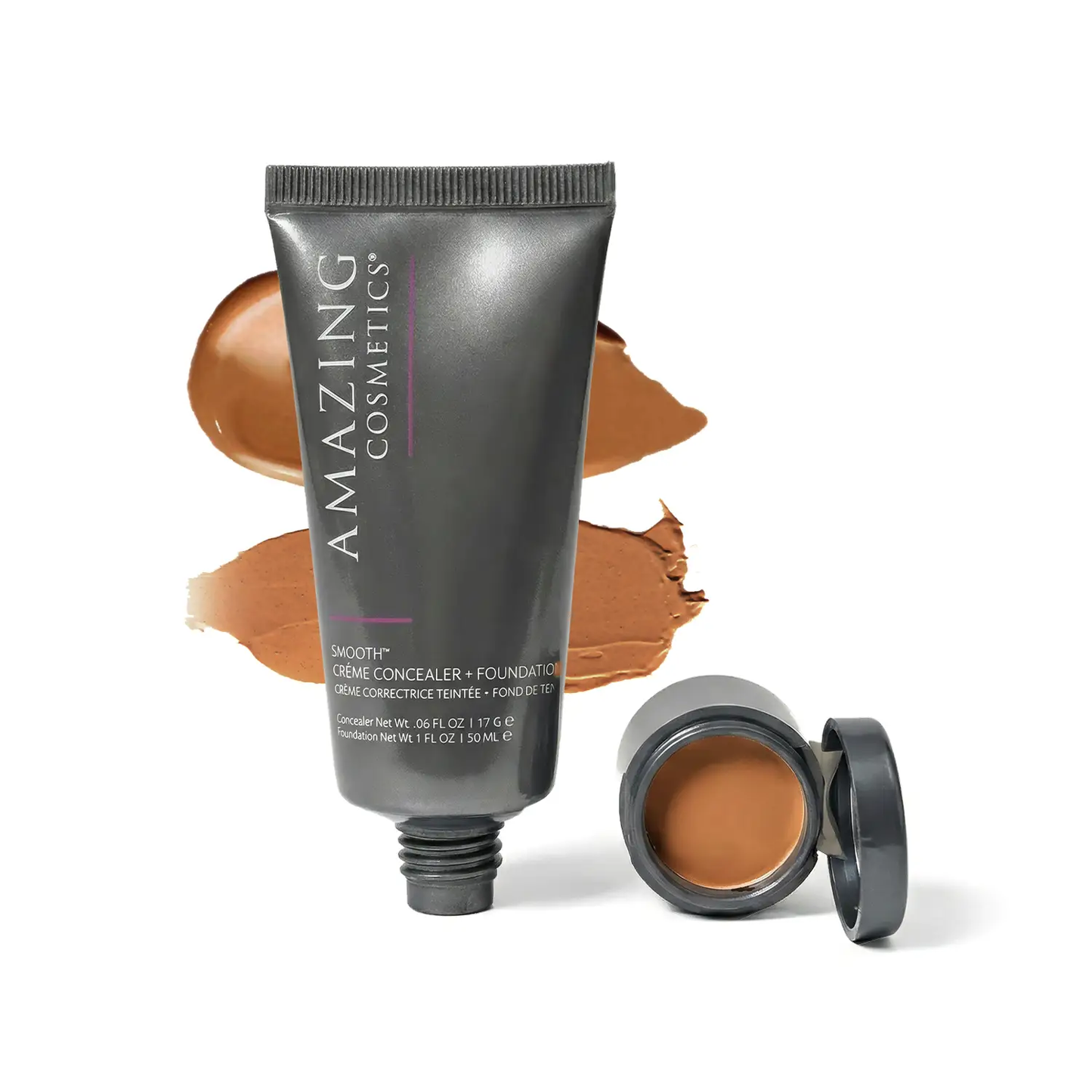 SMOOTH Crème Concealer & Foundation Duo by AmazingCosmetics; grey tube with brown cream jars, 3-piece makeup set