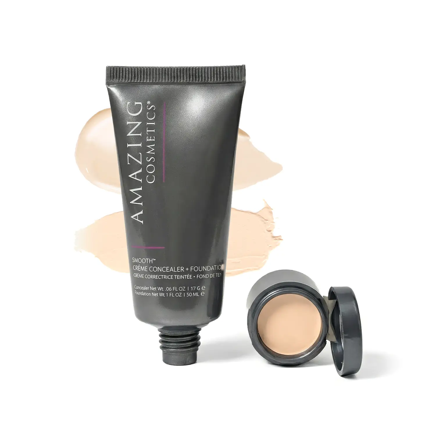 SMOOTH Creme Concealer & Foundation Duo by AmazingCosmetics; black tube with two beige foundation pots.
