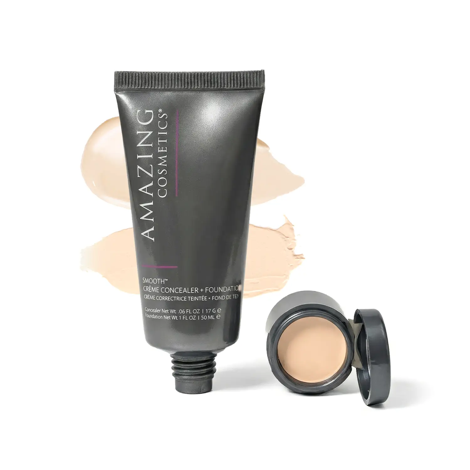 SMOOTH Creme Concealer & Foundation Duo by AmazingCosmetics; black tube with two beige foundation pots.