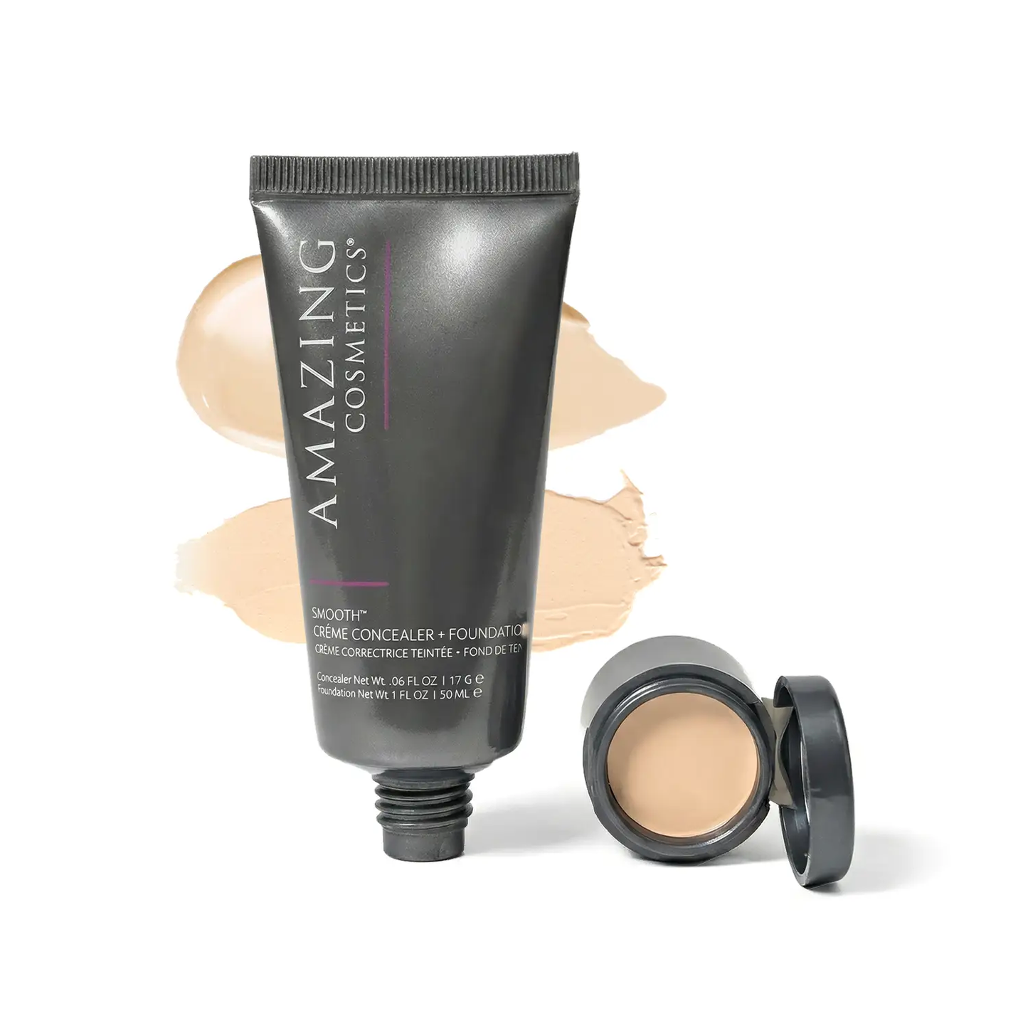 SMOOTH Creme Concealer & Foundation Duo AmazingCosmetics in a black tube with beige swatches