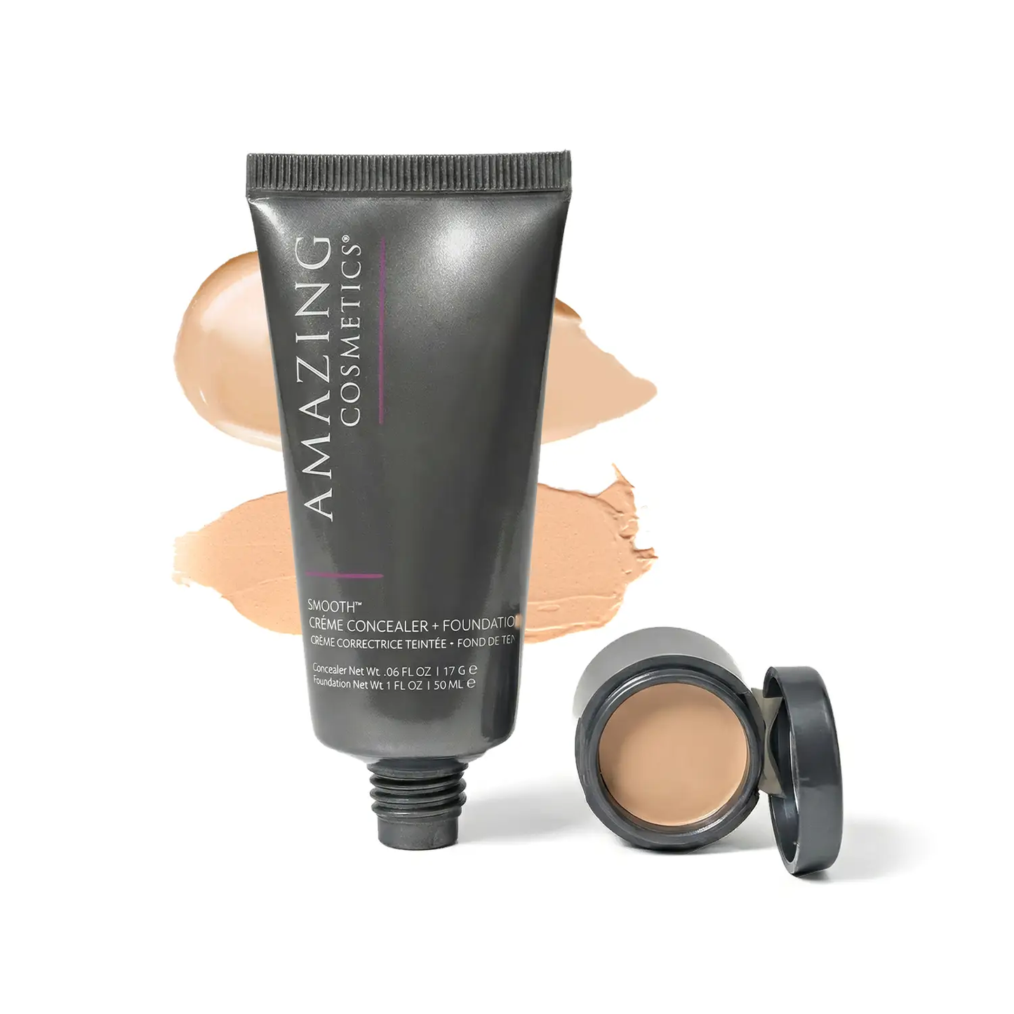 SMOOTH Creme Concealer & Foundation Duo by AmazingCosmetics; dark gray tube with beige shades, 2 compact jars