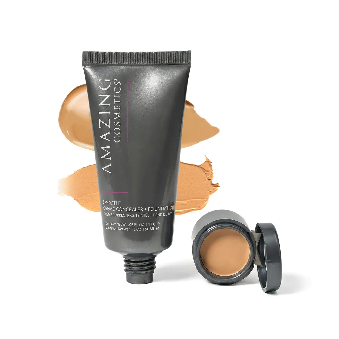 SMOOTH Crème Concealer & Foundation Duo by AmazingCosmetics; gray tube with two open beige concealer pots.