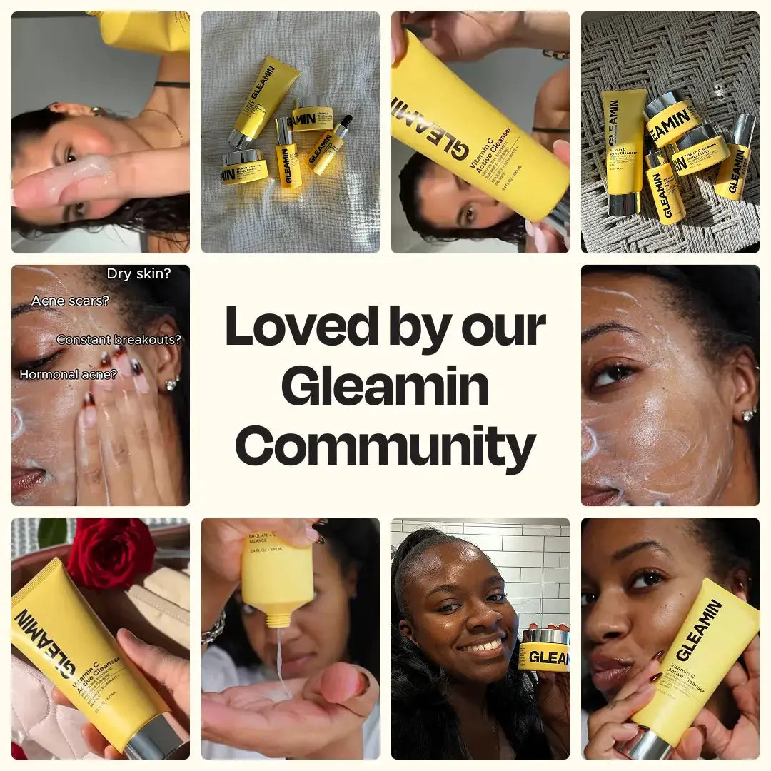 Illuminating Intimate Serum by Gleamin; collage of 12 yellow body oil tubes.