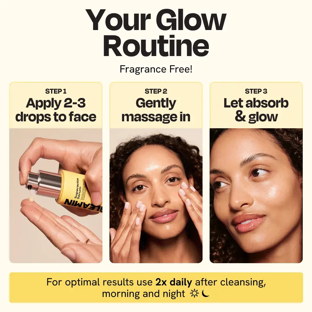 Gleamin Superactive Serum face serum fragrance-free three-step routine: apply drops, massage in, absorb and glow.