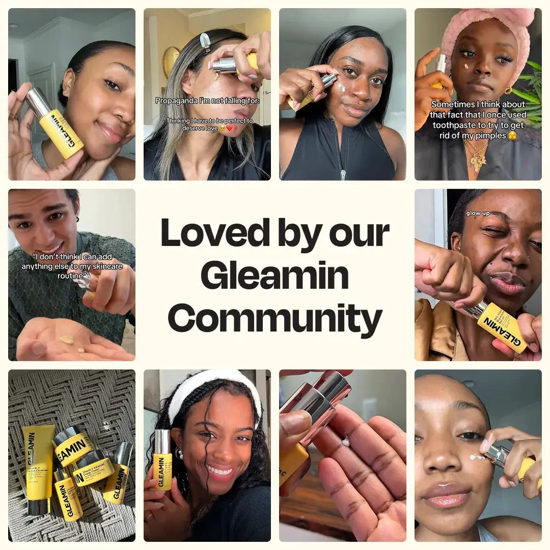 Gleamin Superactive Serum, a face serum, shown in a collage of multiple yellow bottles used by the Gleamin community.
