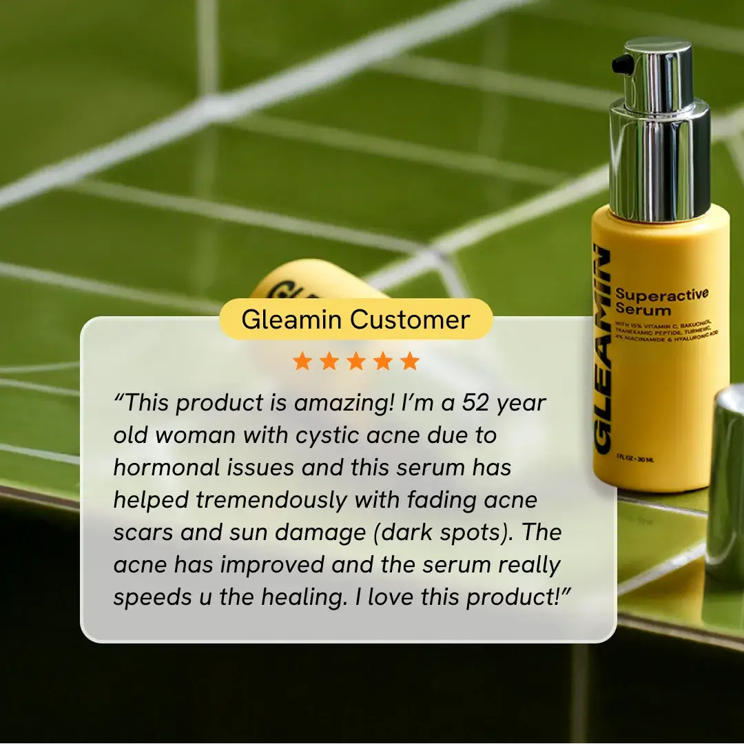Superactive Serum by Gleamin, a face serum in a yellow bottle with a silver pump.