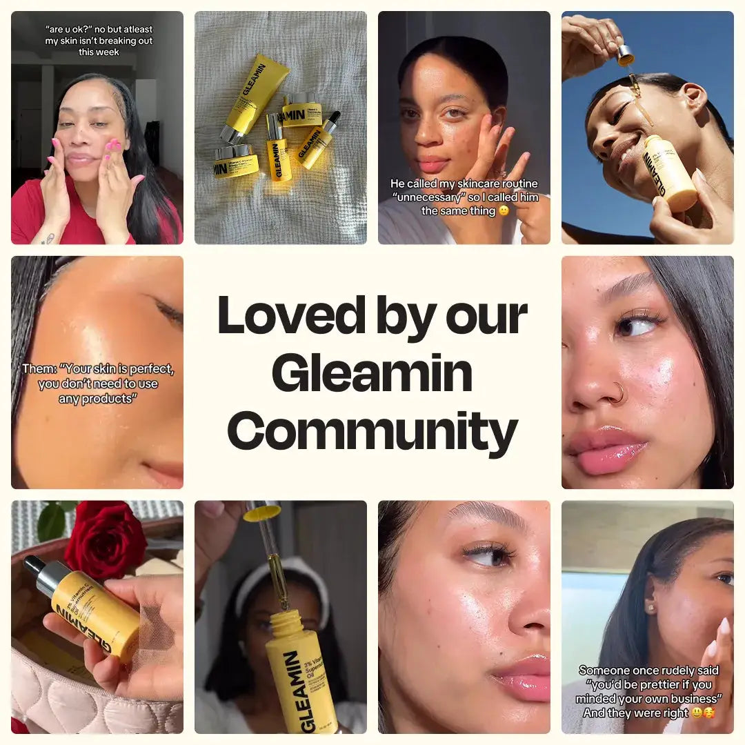 Supernutrient Oil, Gleamin face oil collage (12 photos) showing glowing skin and the Gleamin Community.