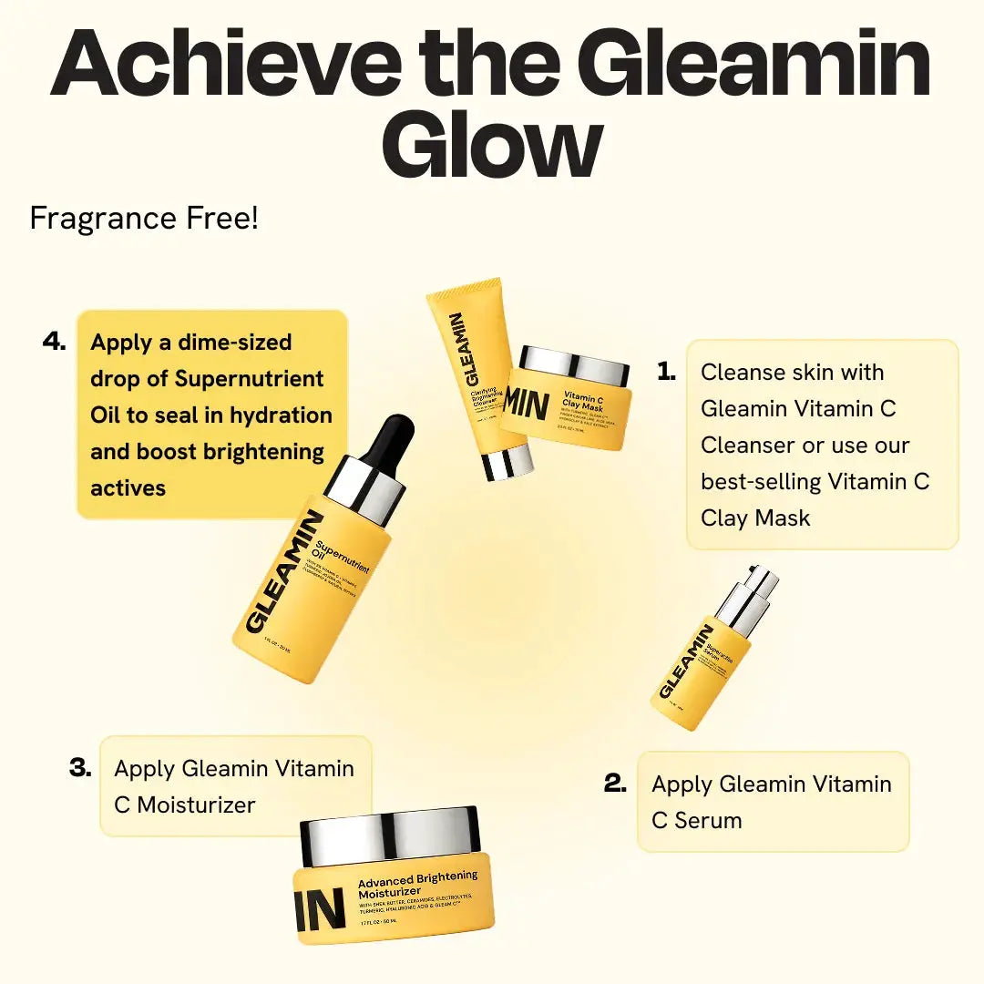 Supernutrient Oil face oil by Gleamin; yellow bottle with black cap in a 4-piece Gleamin Glow lineup
