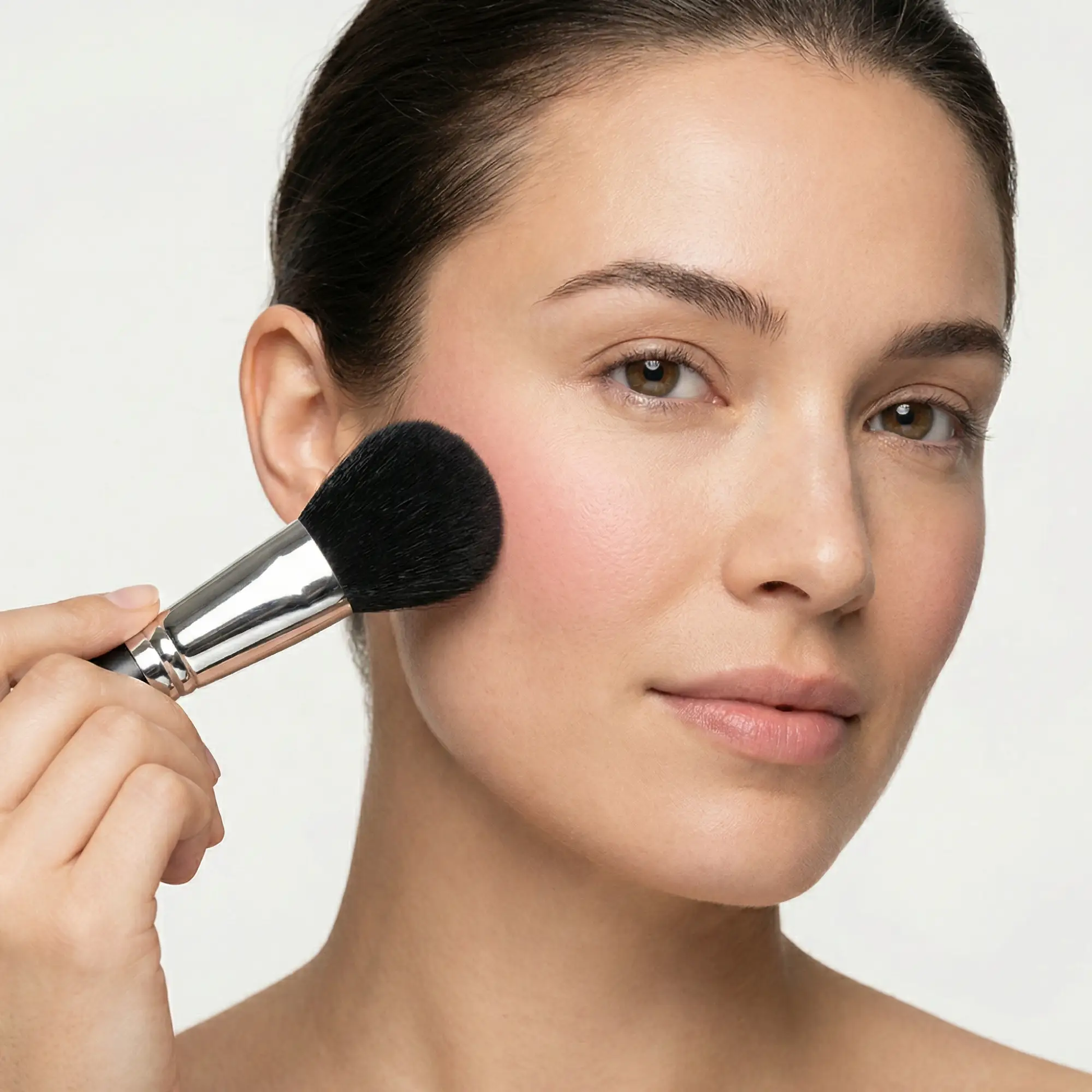 Velvet Brush makeup tool by AmazingCosmetics; silver handle, black fluffy bristles on cheek