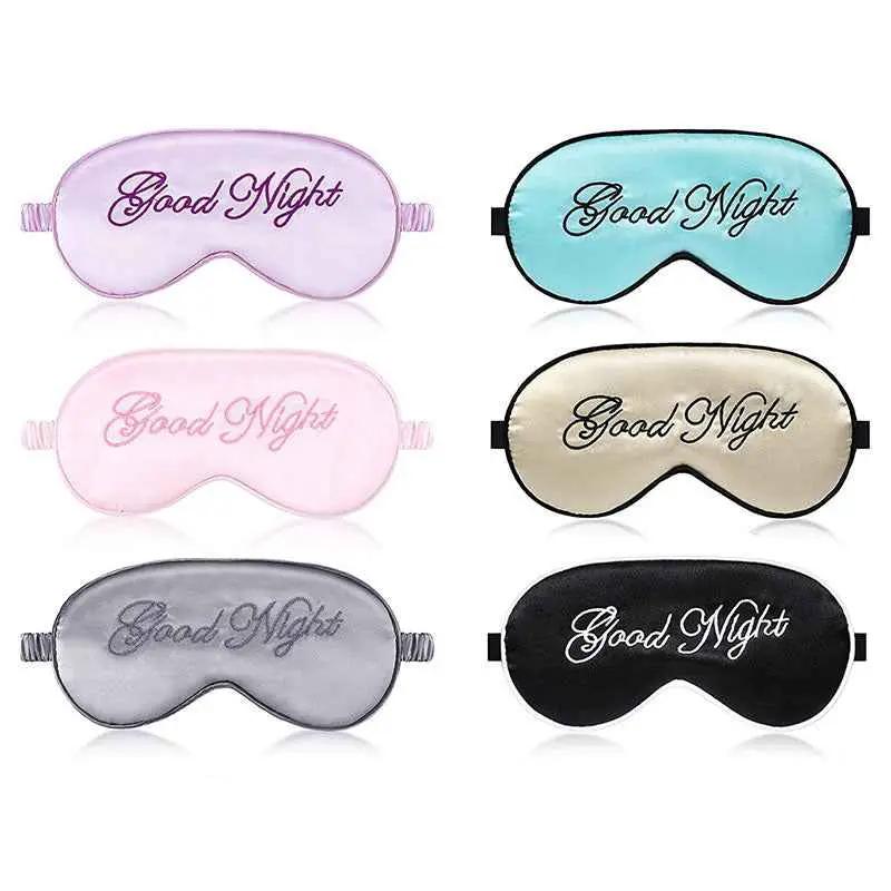 Silk eye masks with Good Night embroidery in lavender, turquoise, pink, beige, gray, and black (6-pack).