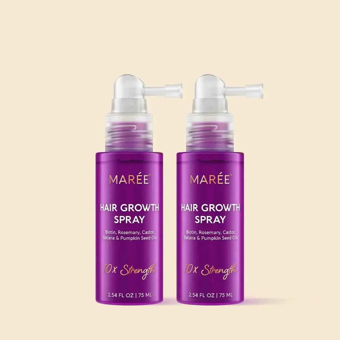 Two Maree Hair Growth Spray bottles, purple dual-pack with pump spray, 75 ml each