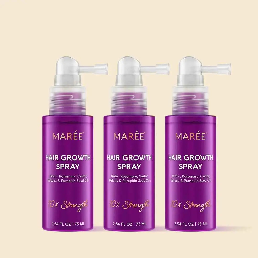 Mareé 4-in-1 Hair Growth Spray, trio of purple bottles with clear spray nozzles.
