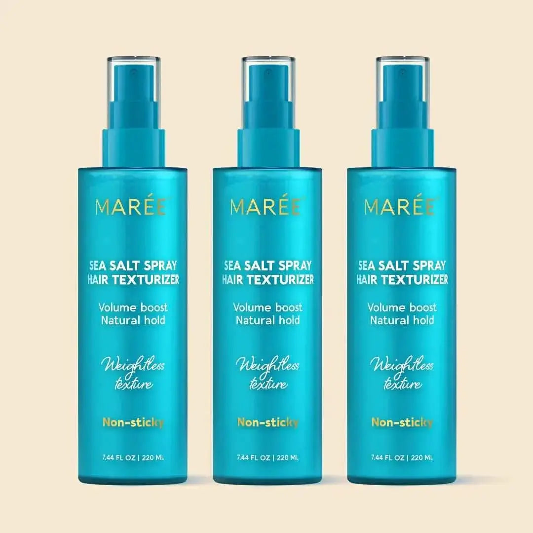 Keratin & Sea Salt Hair Texturizer by Maree, trio of turquoise spray bottles