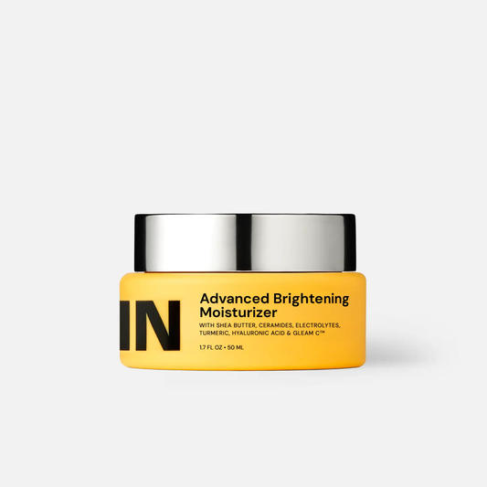 Gleamin Advanced Brightening Moisturizer facial moisturizer in a yellow bottle with a black lid