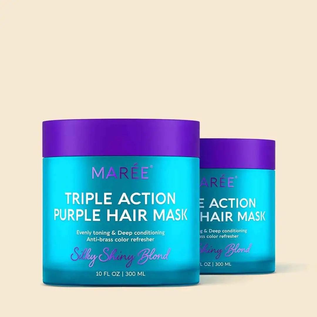 MARÉE Triple Action Purple Hair Mask, 2-pack blue jars with purple lids