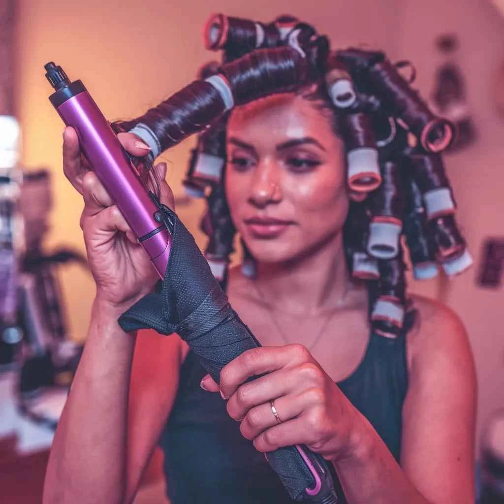 Woman with hair in rollers using a purple hair dryer.