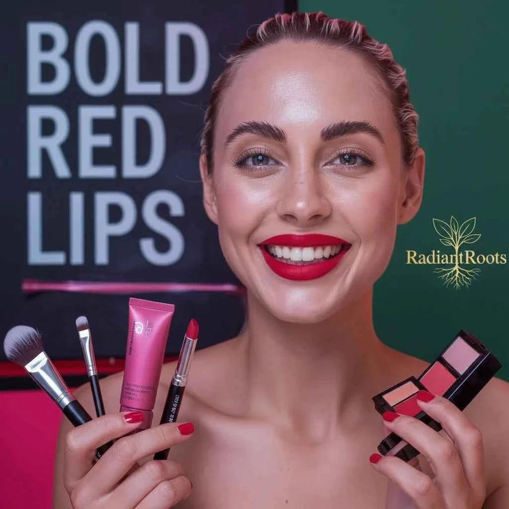 Woman with bold red lipstick holding makeup products against a pink background with 'BOLD RED LIPS' text.